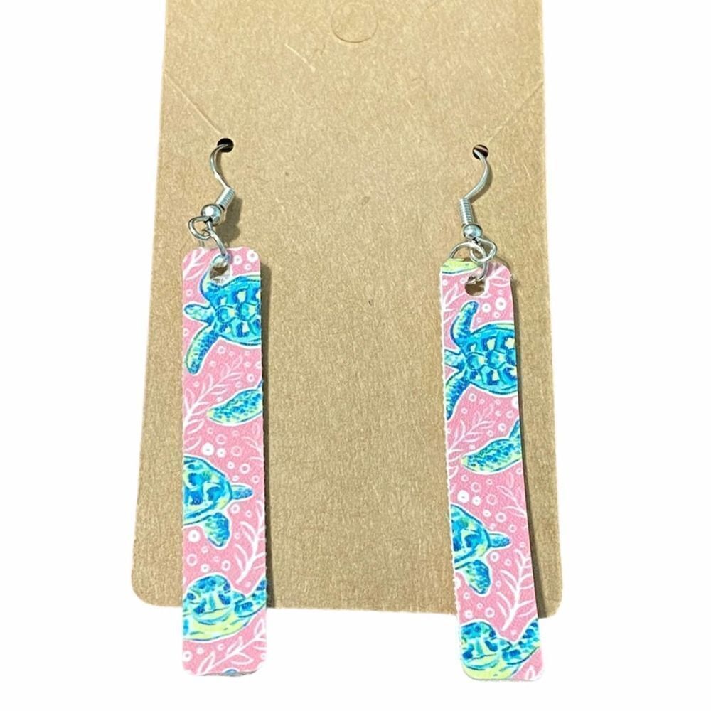 Sea Turtles Bar Dangle‎ Drop Earrings Pink Teal